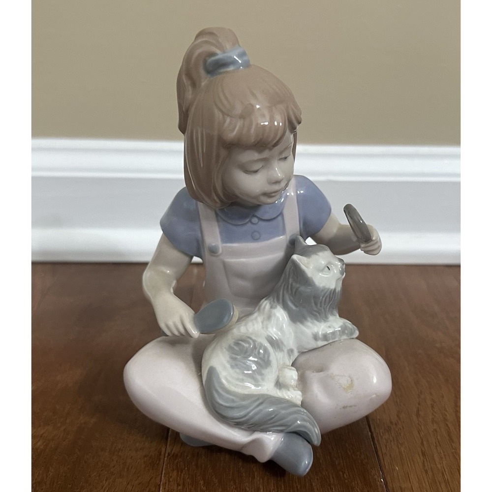 Vintage Nadal Porcelain Figurine Girl Brushing Cat Spain Signed Handcrafted 5"